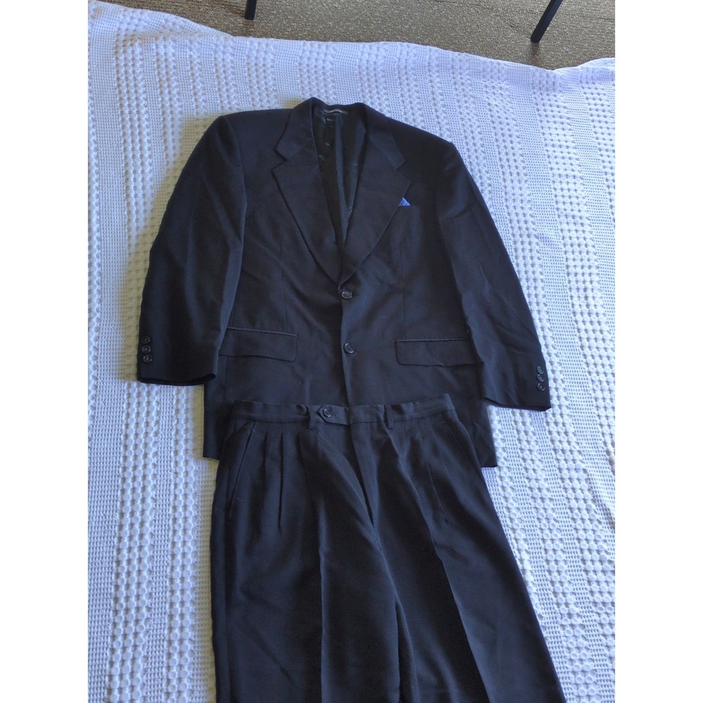 Issimo Italy 2 Piece Suit Set Wool Blazer Dress Pants Pleats Black Sz 40 R 33X29